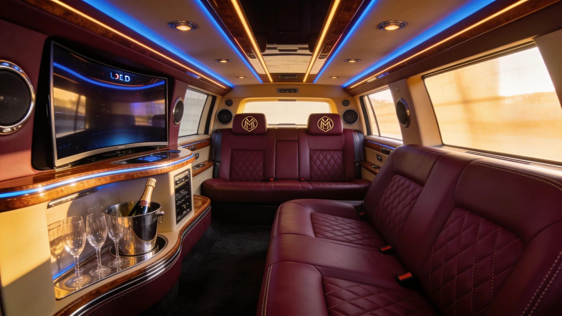 Interior features of a custom luxury limousine showcasing luxury and exclusivity