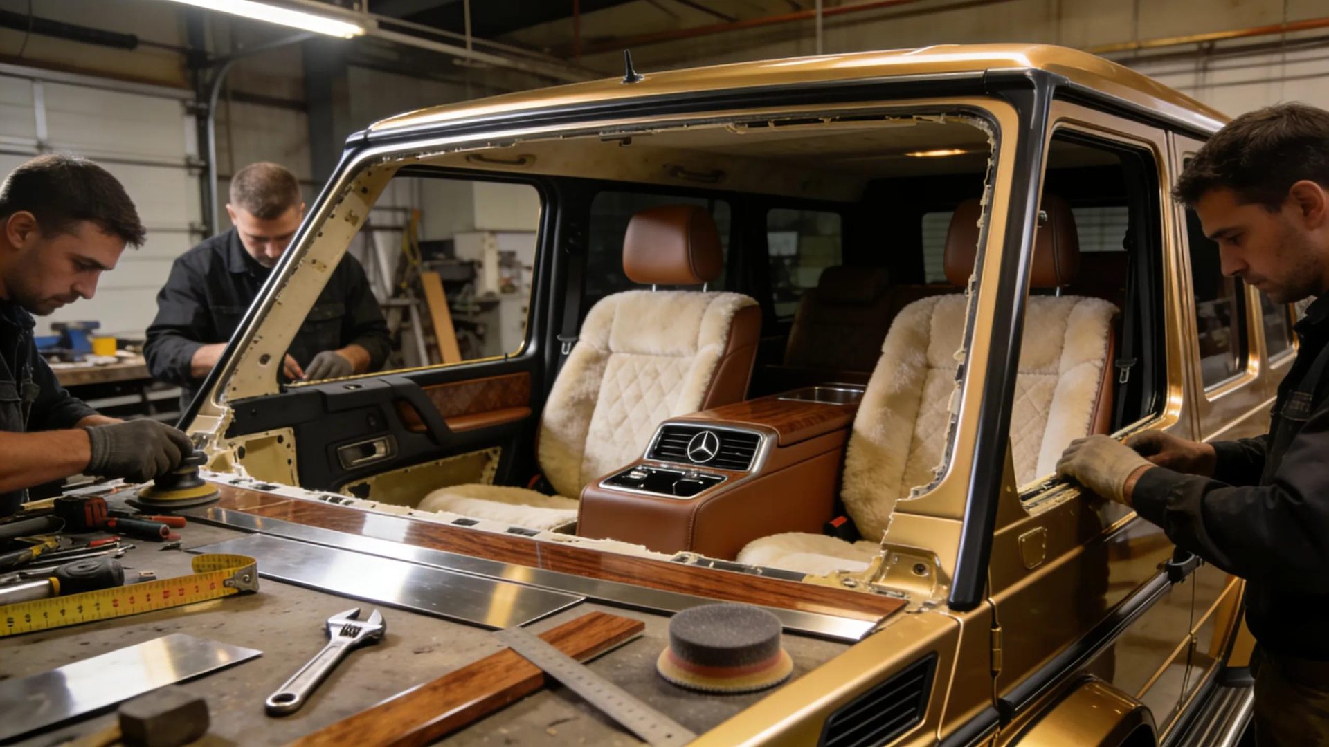 Craftsmen customizing a Mercedes G-Class SUV into a luxury limousine, highlighting bespoke engineering