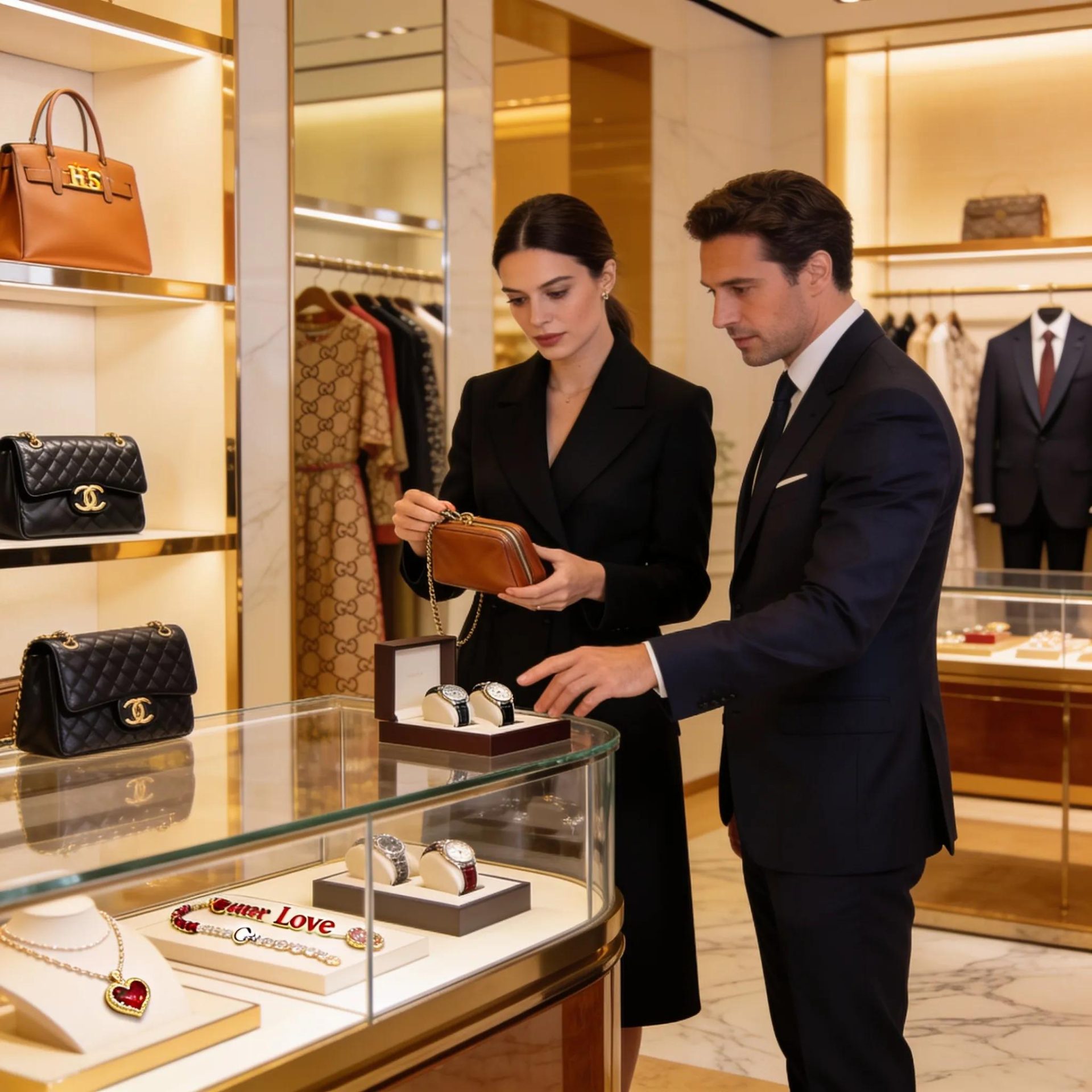 High-net-worth individuals shopping for luxury goods in an upscale boutique showcasing affluent lifestyle choices