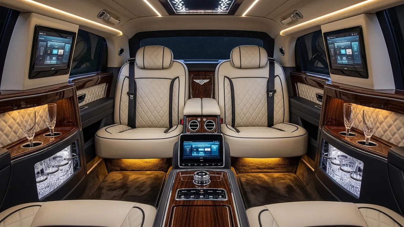 Luxurious interior of a customized Bentley limousine with personalized features and amenities