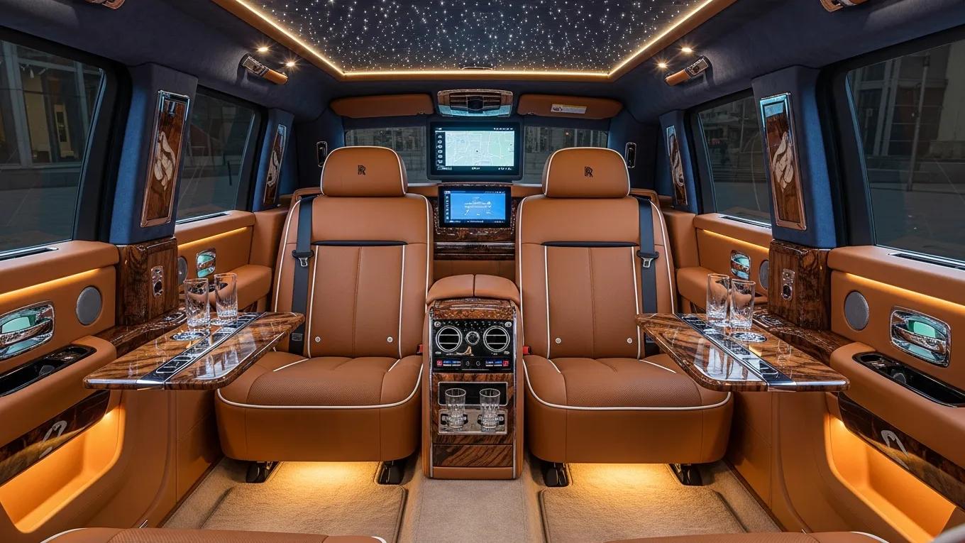 Bespoke interior of the Rolls‑Royce Cullinan Limousine showing handcrafted finishes and bespoke amenities