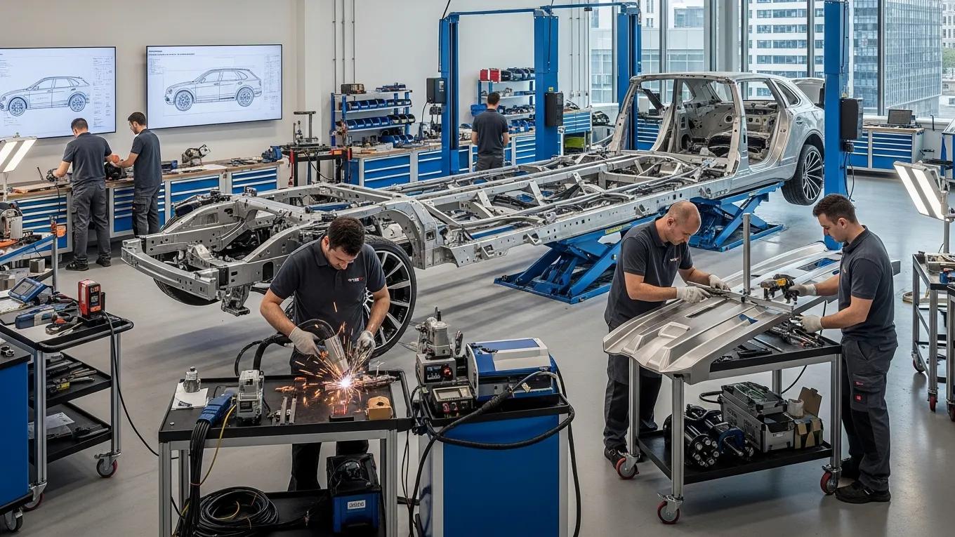 Technicians performing engineering modifications on a Bentley Bentayga limousine, showcasing bespoke techniques