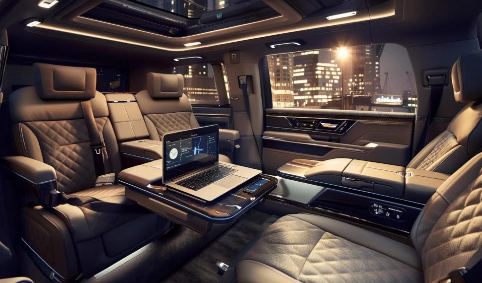 Luxury executive vehicle interior with bespoke leather seating and high-tech workstation