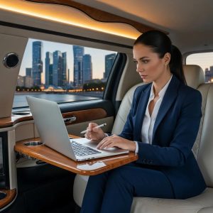 Executive working on a laptop in a luxurious limousine, highlighting mobile productivity