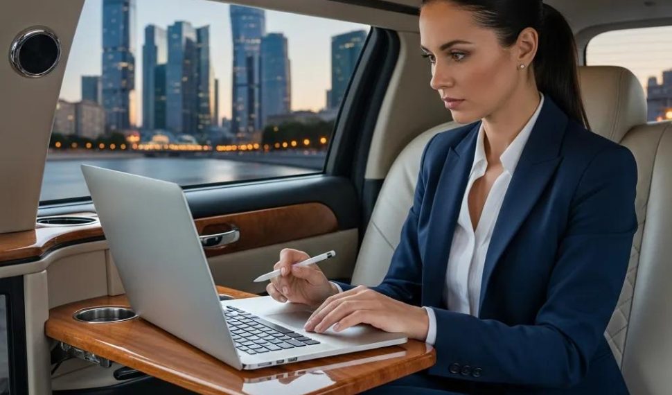 Executive working on a laptop in a luxurious limousine, highlighting mobile productivity