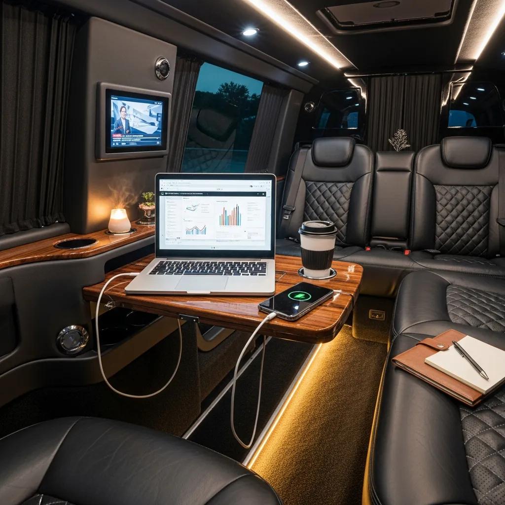 Interior of a luxurious limousine with mobile office features for business professionals