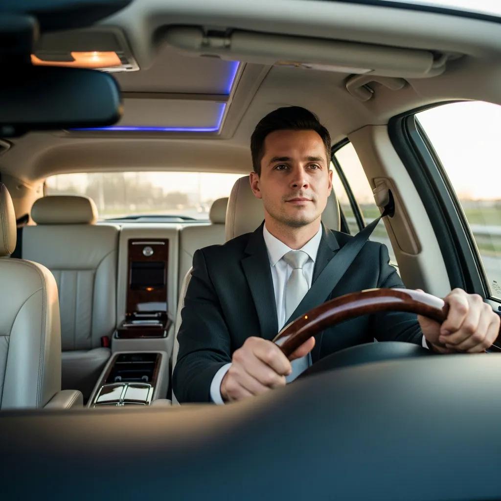 Professional chauffeur driving a luxurious limousine, enhancing travel efficiency for executives